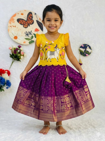 Teeya Creation Kids Latest Collection Girls Yellow & Wine Purple Pattu Pavadai Lehenga Set With Ruffle Sleeves-Yellow - Dista