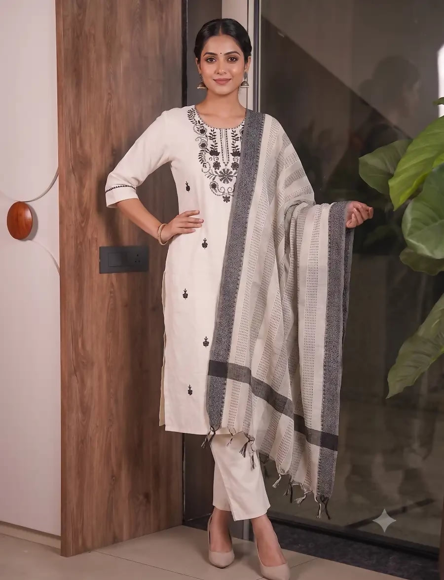 Teeya Creation Off White Cotton Embroidered Straight Kurti with Pant & Printed Cotton Dupatta Set - Dista