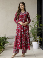 Thumbnail for The52 Maroon Women's Gorgeous Rayon Fabric Printed Work Flared Kurta, Pant and Dupatta Set - Distacart