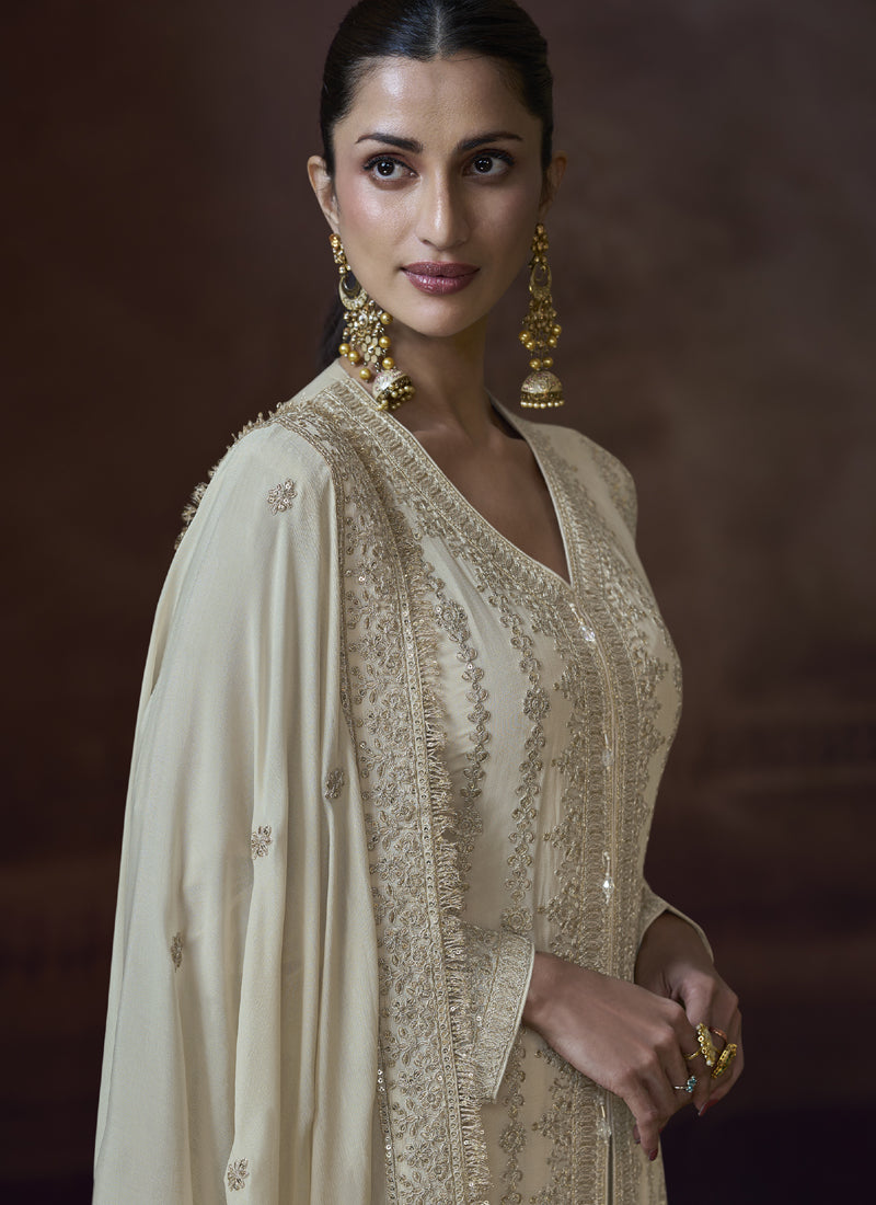 Vegaa Fashion Off White Chinon Silk Embroidered Designer Palazzo Suit