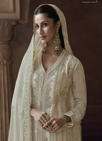 Thumbnail for Vegaa Fashion Off White Chinon Silk Embroidered Designer Palazzo Suit