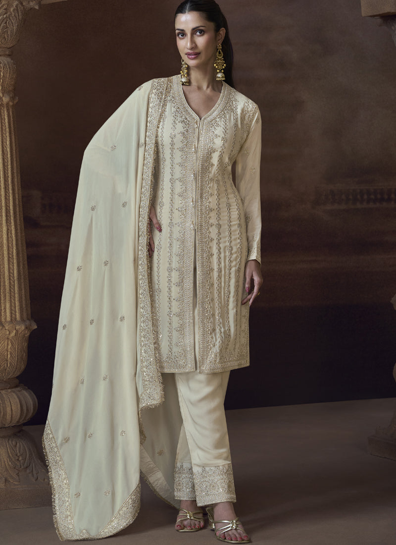 Vegaa Fashion Off White Chinon Silk Embroidered Designer Palazzo Suit
