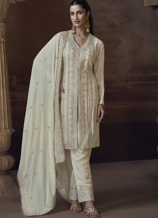 Vegaa Fashion Off White Chinon Silk Embroidered Designer Palazzo Suit