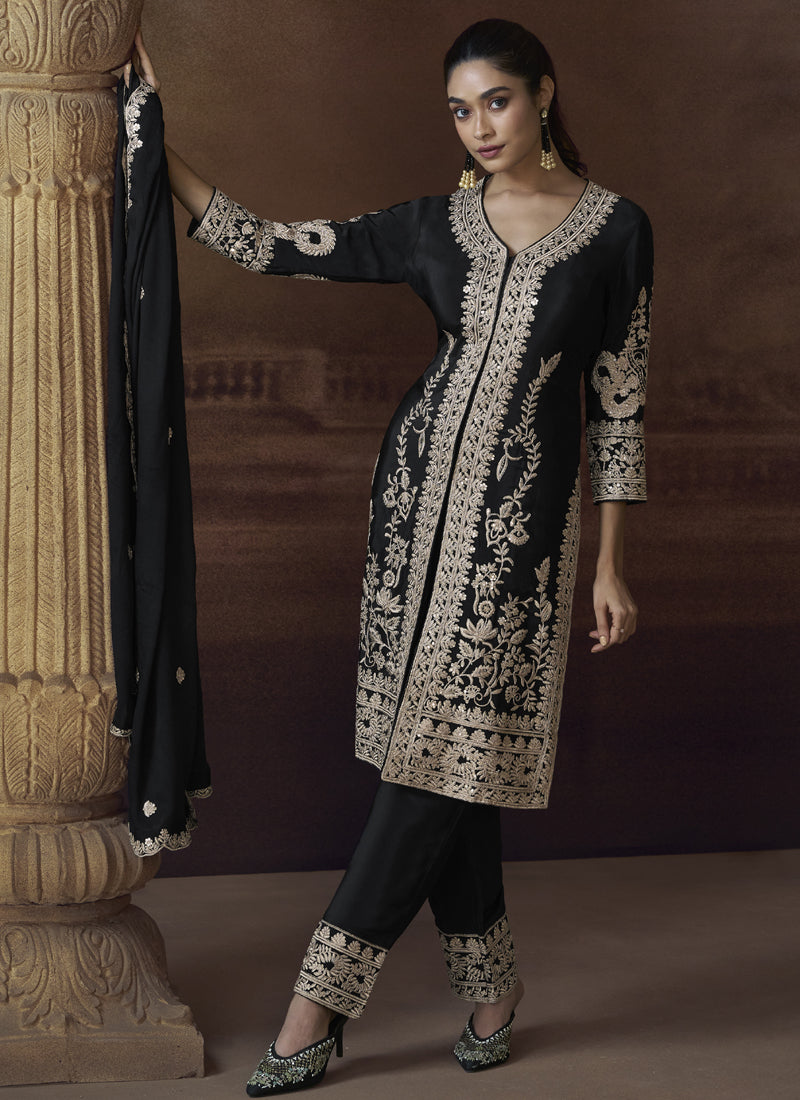 Vegaa Fashion Black Chinon Silk Embroidered Designer Palazzo Suit