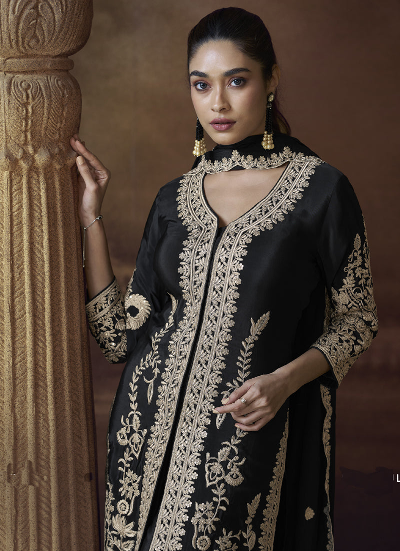 Vegaa Fashion Black Chinon Silk Embroidered Designer Palazzo Suit