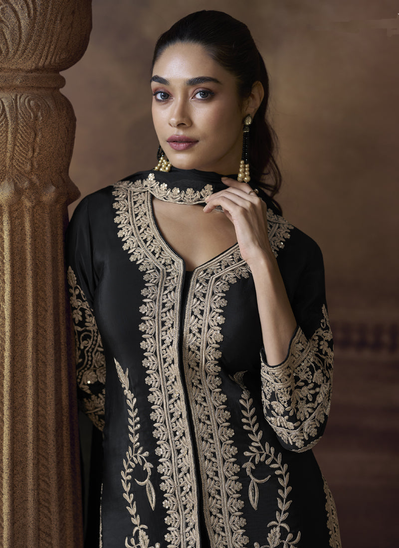 Vegaa Fashion Black Chinon Silk Embroidered Designer Palazzo Suit