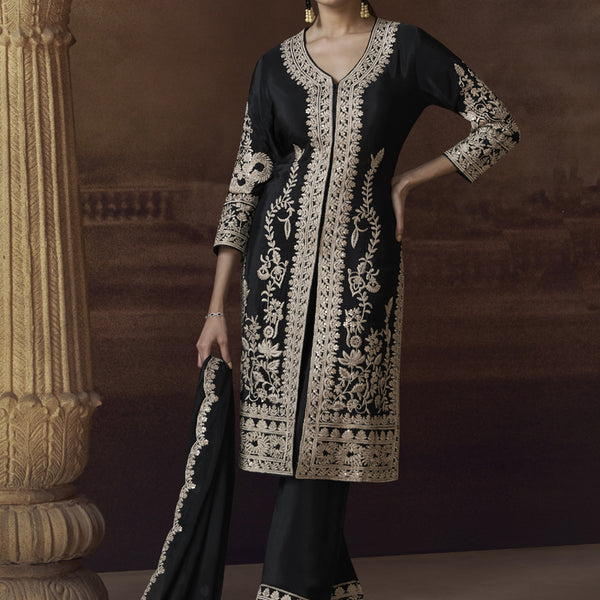 Vegaa Fashion Black Chinon Silk Embroidered Designer Palazzo Suit - Distacart