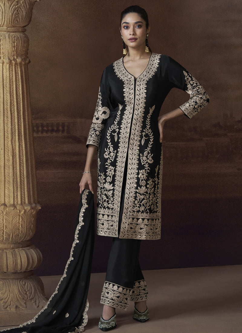 Vegaa Fashion Black Chinon Silk Embroidered Designer Palazzo Suit