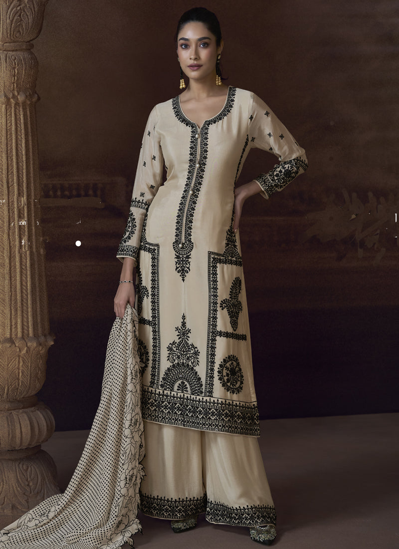 Vegaa Fashion Off White Chinon Silk Embroidered Designer Palazzo Suit