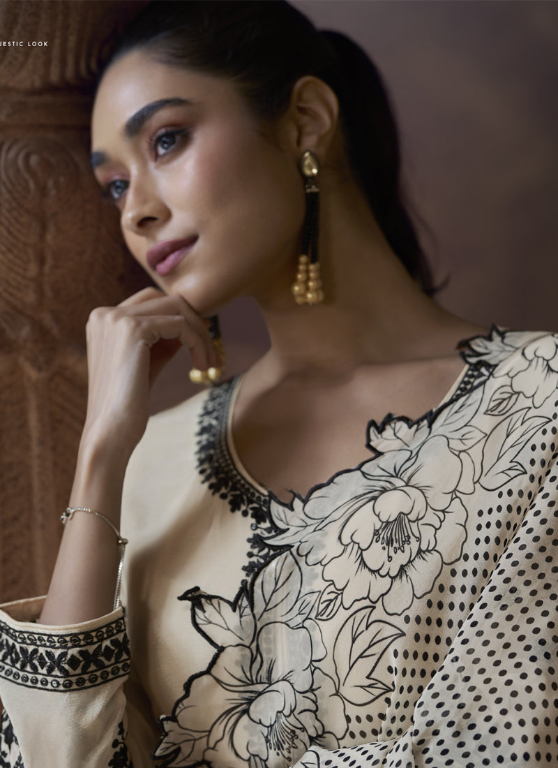 Vegaa Fashion Off White Chinon Silk Embroidered Designer Palazzo Suit