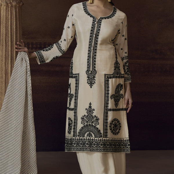 Vegaa Fashion Off White Chinon Silk Embroidered Designer Palazzo Suit - Distacart