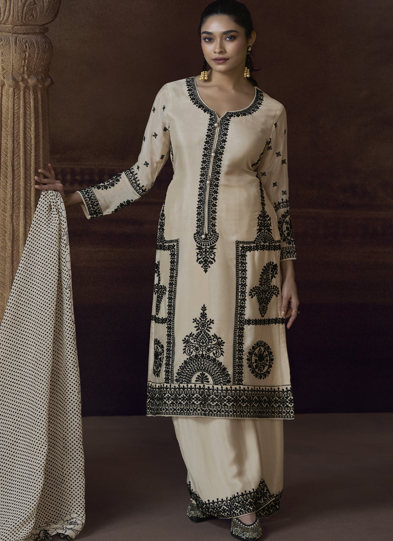 Vegaa Fashion Off White Chinon Silk Embroidered Designer Palazzo Suit