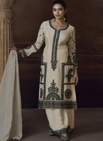 Thumbnail for Vegaa Fashion Off White Chinon Silk Embroidered Designer Palazzo Suit