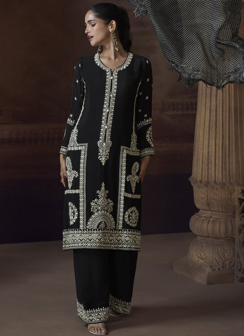 Vegaa Fashion Black Chinon Silk Embroidered Designer Palazzo Suit