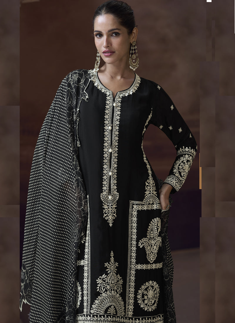 Vegaa Fashion Black Chinon Silk Embroidered Designer Palazzo Suit
