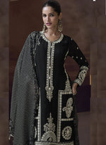 Thumbnail for Vegaa Fashion Black Chinon Silk Embroidered Designer Palazzo Suit