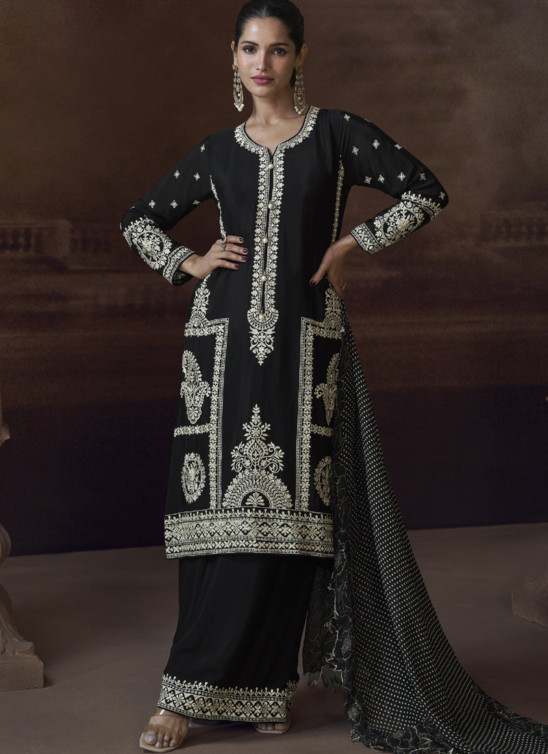 Vegaa Fashion Black Chinon Silk Embroidered Designer Palazzo Suit