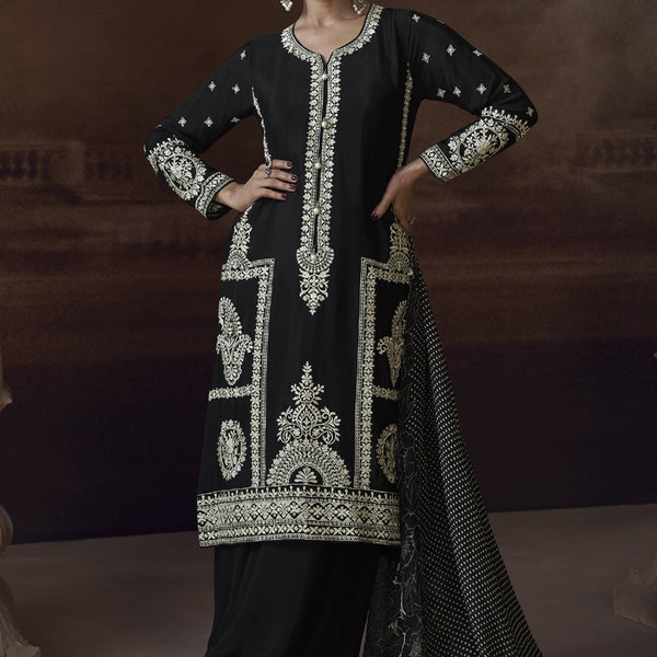 Vegaa Fashion Black Chinon Silk Embroidered Designer Palazzo Suit - Distacart