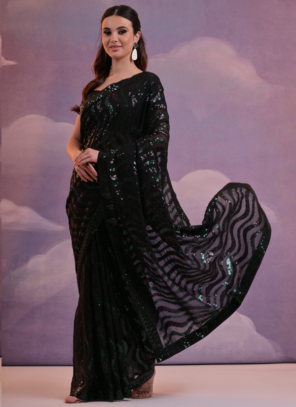 Vegaa Fashion Black Soft Georgette Leriya Sequence Work Saree