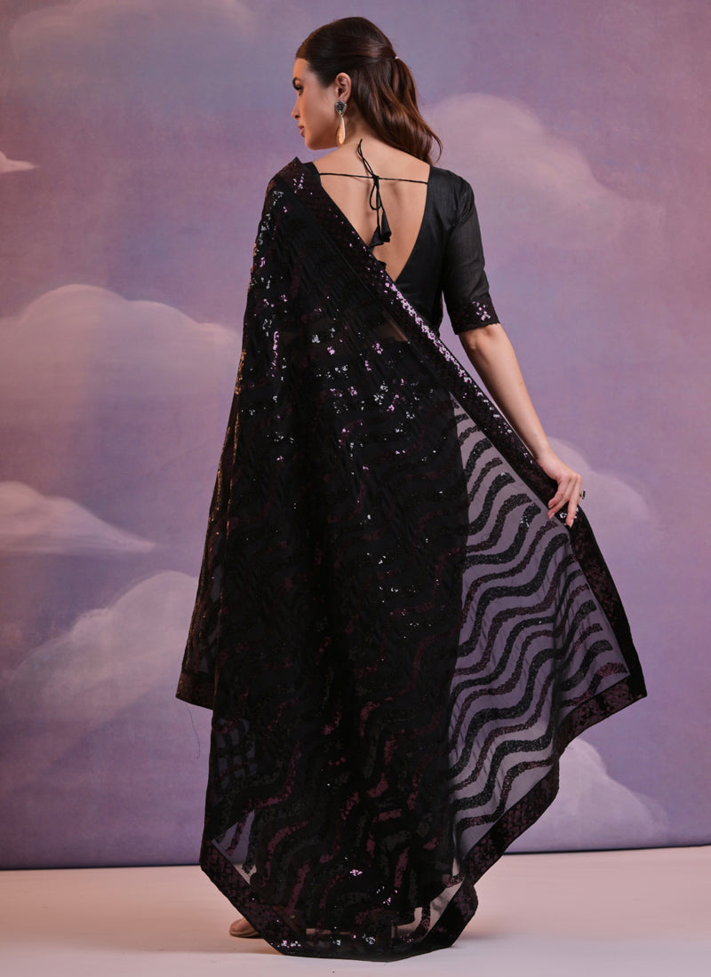 Vegaa Fashion Black Soft Georgette Leriya Sequence Work Saree