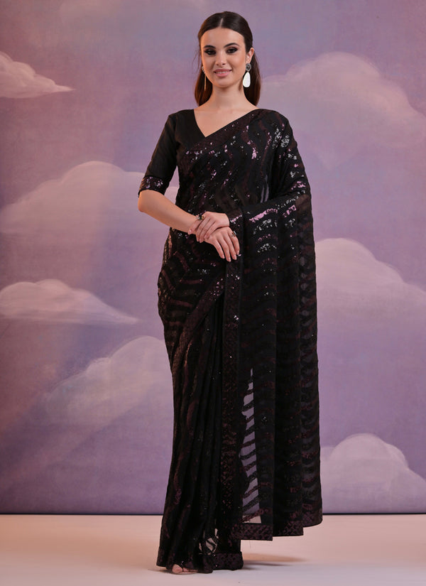 Vegaa Fashion Black Soft Georgette Leriya Sequence Work Saree