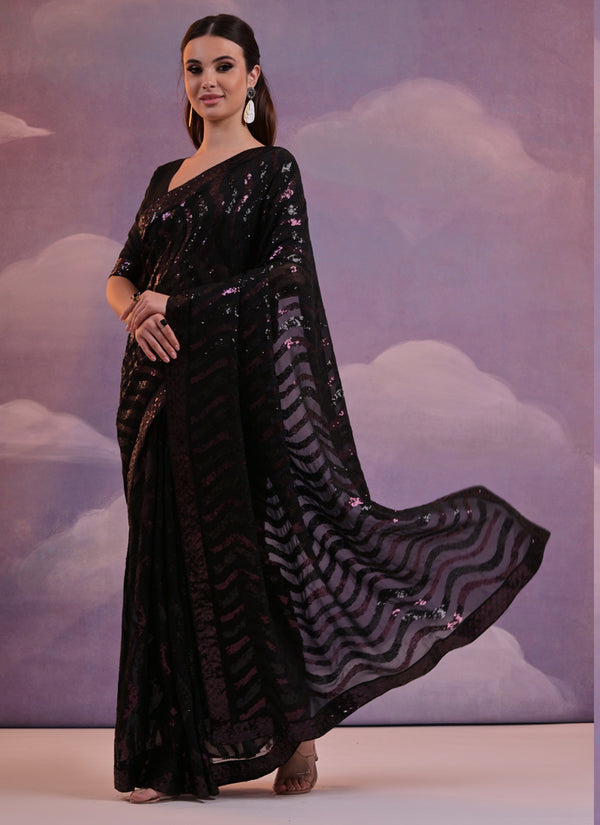 Vegaa Fashion Black Soft Georgette Leriya Sequence Work Saree
