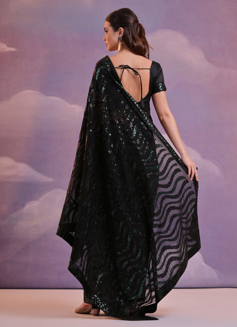 Vegaa Fashion Black Soft Georgette Leriya Sequence Work Saree