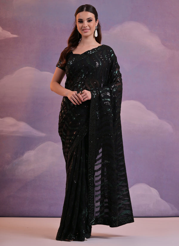 Vegaa Fashion Black Soft Georgette Leriya Sequence Work Saree