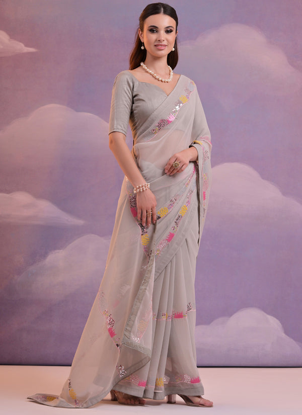 Vegaa Fashion Beige Soft Georgette Sequence Work Saree