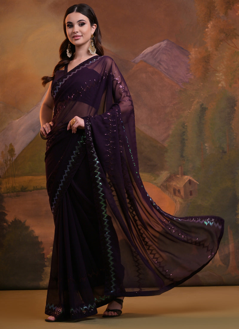 Vegaa Fashion Wine Soft Georgette Sequence Work Saree