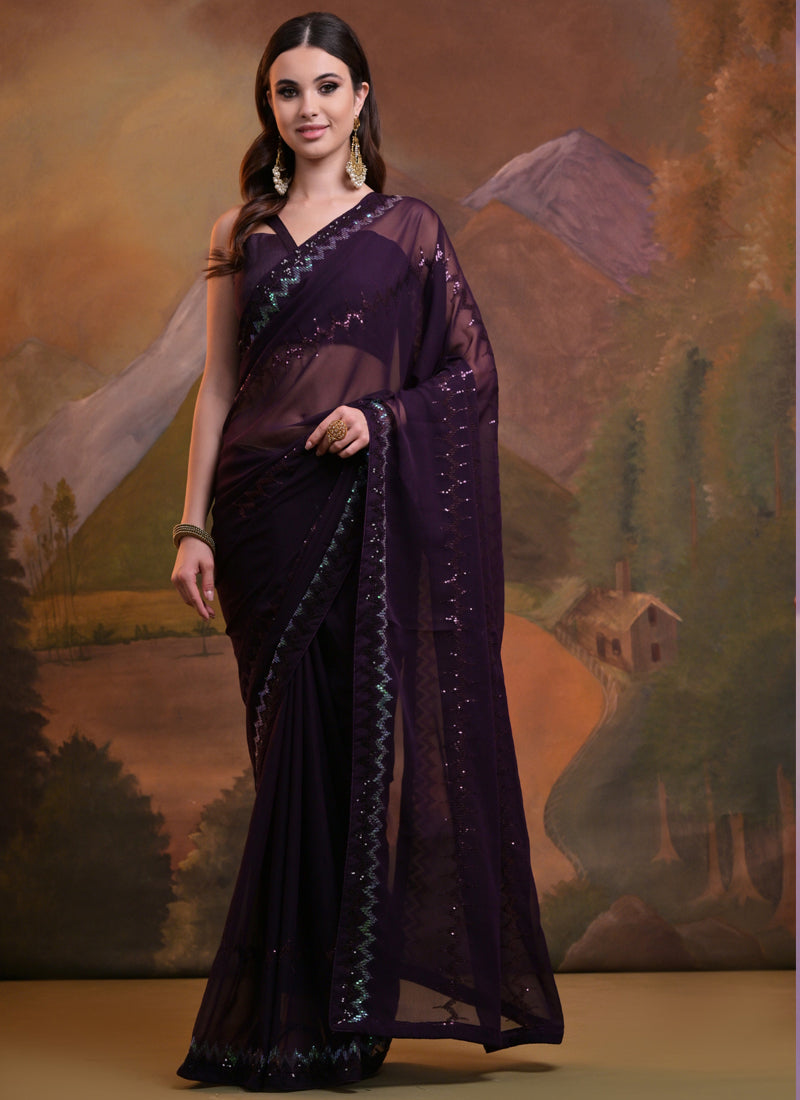 Vegaa Fashion Wine Soft Georgette Sequence Work Saree