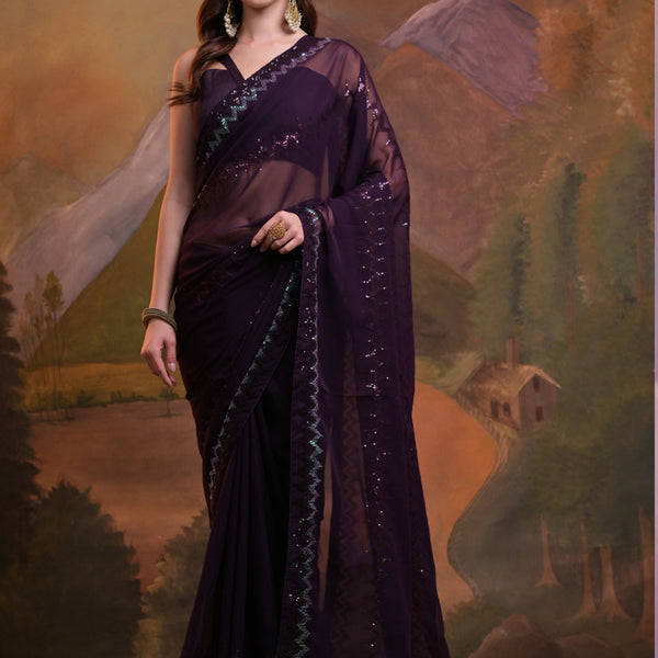 Vegaa Fashion Wine Soft Georgette Sequence Work Saree