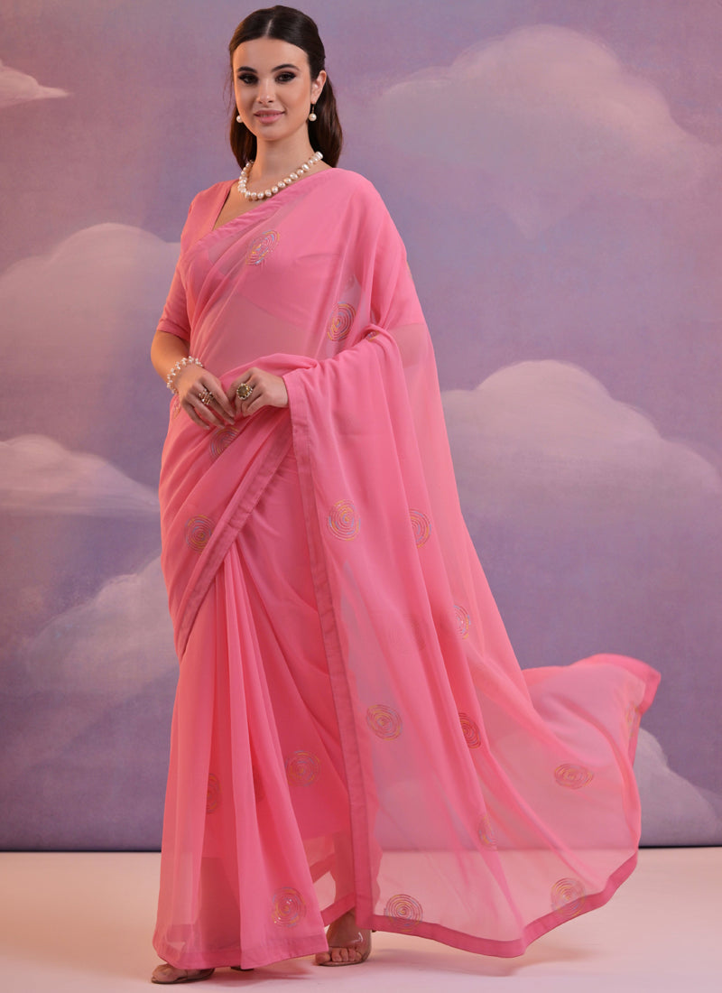 Vegaa Fashion Pink Soft Georgette Sequence Work Saree