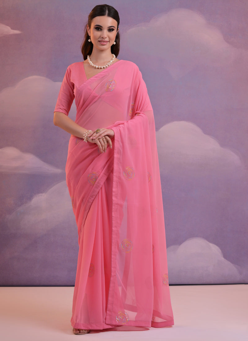 Vegaa Fashion Pink Soft Georgette Sequence Work Saree