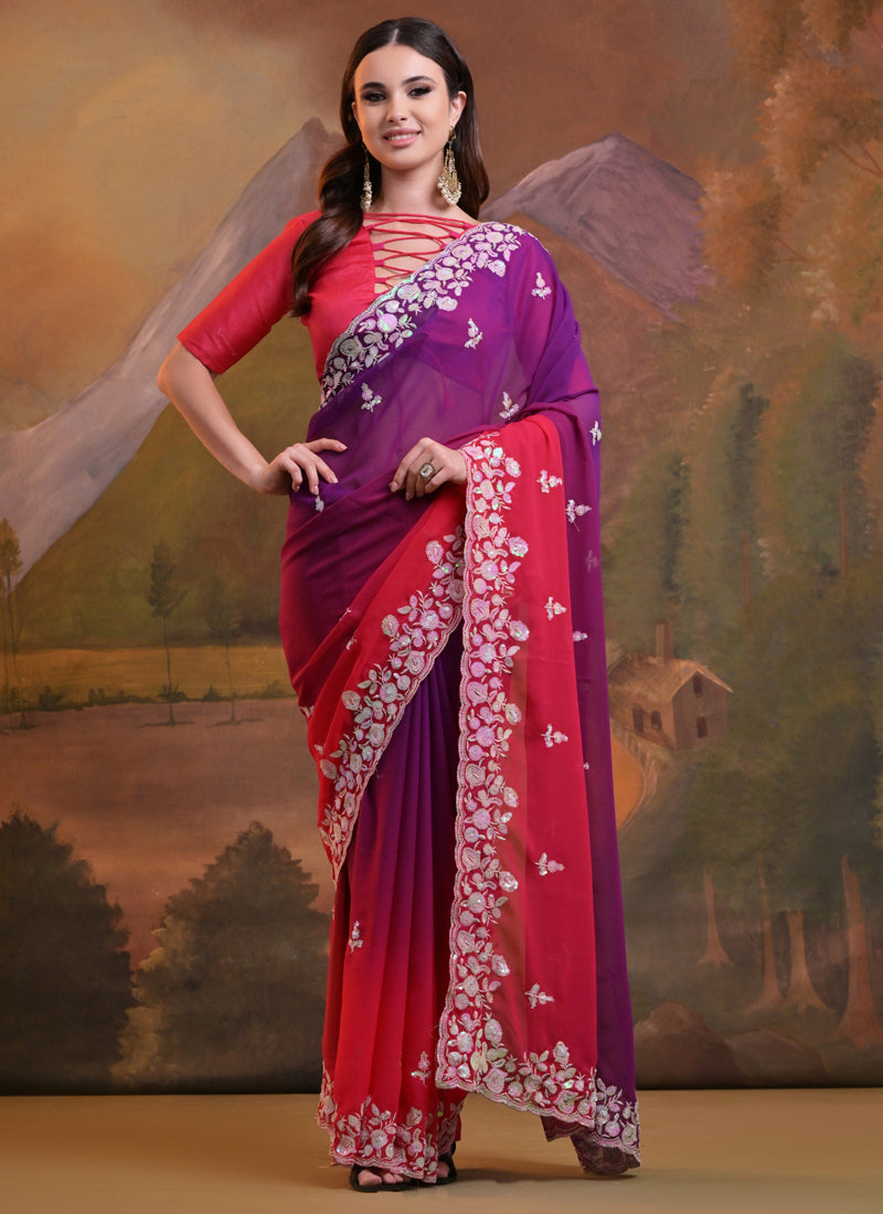 Vegaa Fashion Purple Soft Georgette Sequence Work Saree