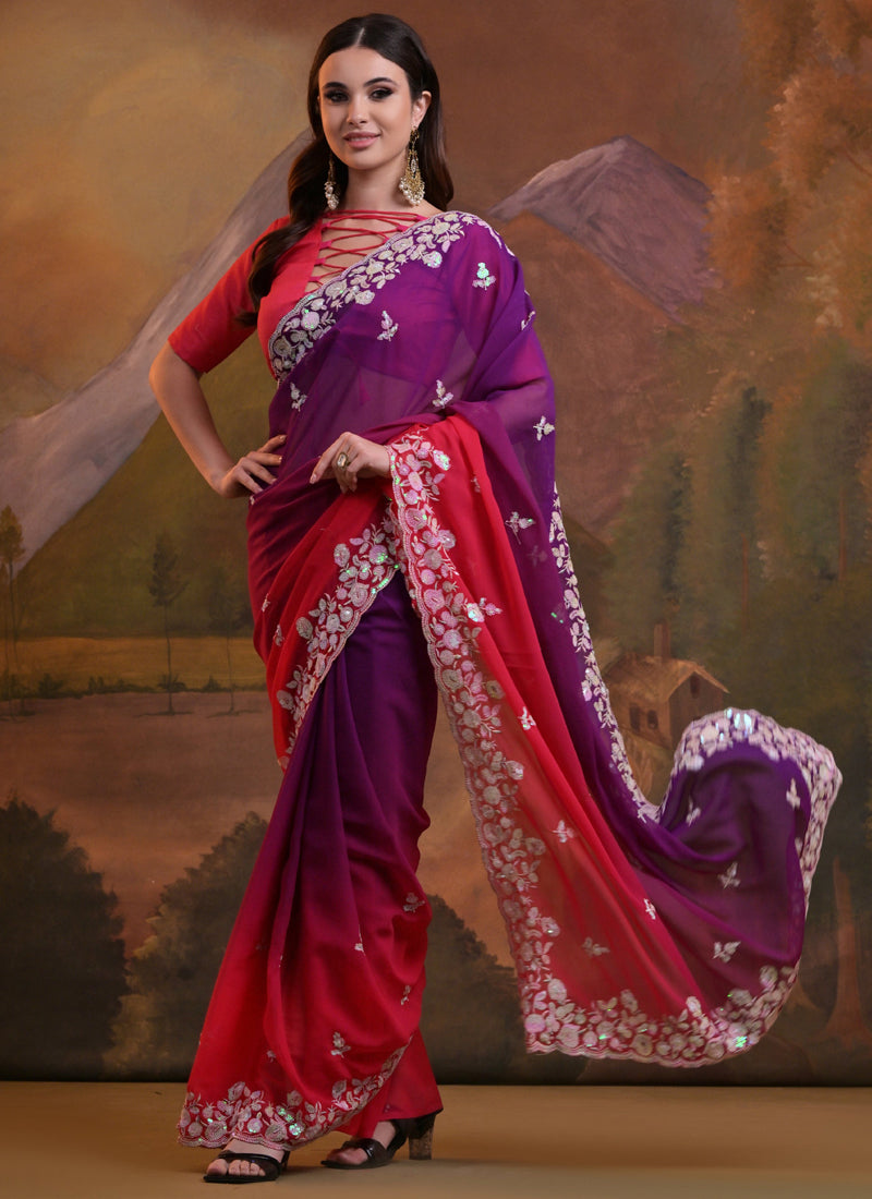 Vegaa Fashion Purple Soft Georgette Sequence Work Saree