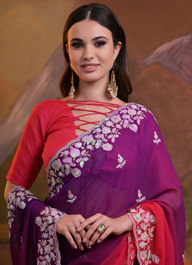 Vegaa Fashion Purple Soft Georgette Sequence Work Saree
