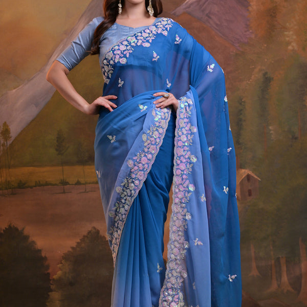 Vegaa Fashion Royal Blue Soft Georgette Sequence Work Saree - Distacart