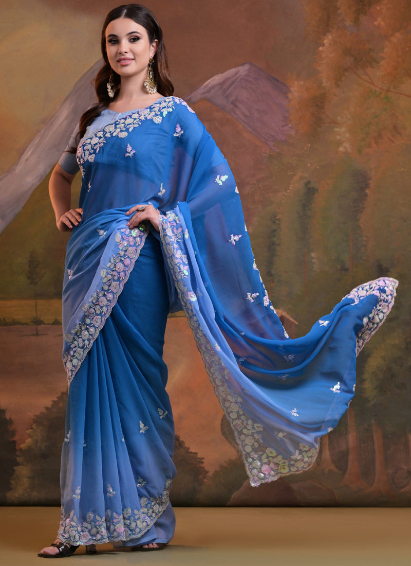 Vegaa Fashion Royal Blue Soft Georgette Sequence Work Saree