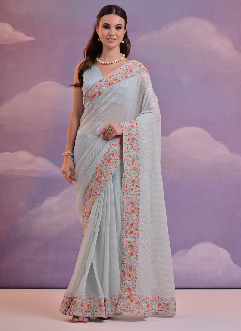 Vegaa Fashion Light Grey Soft Georgette Sequence Flower Work Saree