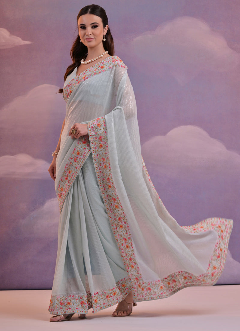 Vegaa Fashion Light Grey Soft Georgette Sequence Flower Work Saree