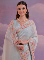Thumbnail for Vegaa Fashion Light Grey Soft Georgette Sequence Flower Work Saree
