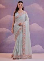 Thumbnail for Vegaa Fashion Light Grey Soft Georgette Sequence Flower Work Saree