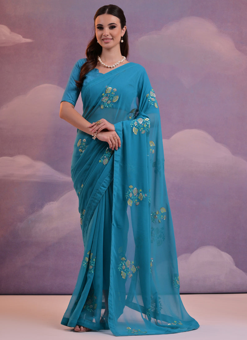 Vegaa Fashion Blue Soft Georgette Sequence Flower Work Saree