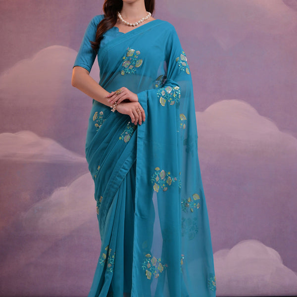 Vegaa Fashion Blue Soft Georgette Sequence Flower Work Saree - Distacart