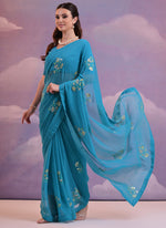 Thumbnail for Vegaa Fashion Blue Soft Georgette Sequence Flower Work Saree