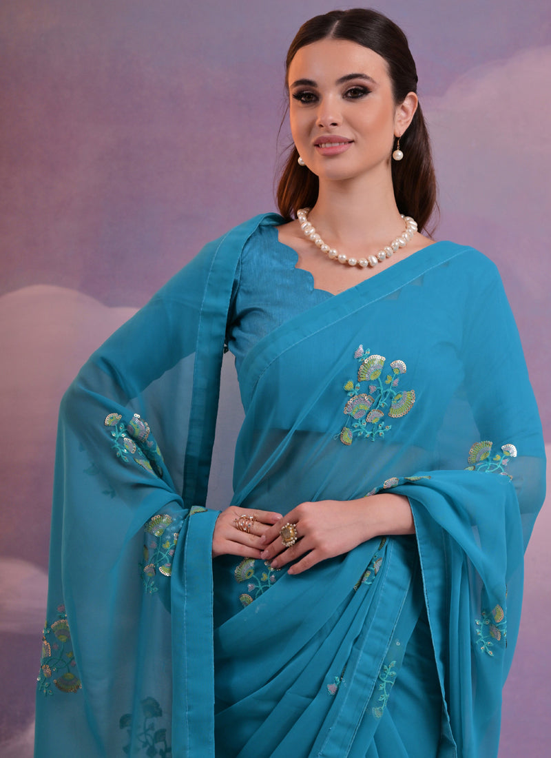 Vegaa Fashion Blue Soft Georgette Sequence Flower Work Saree