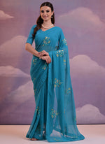Thumbnail for Vegaa Fashion Blue Soft Georgette Sequence Flower Work Saree