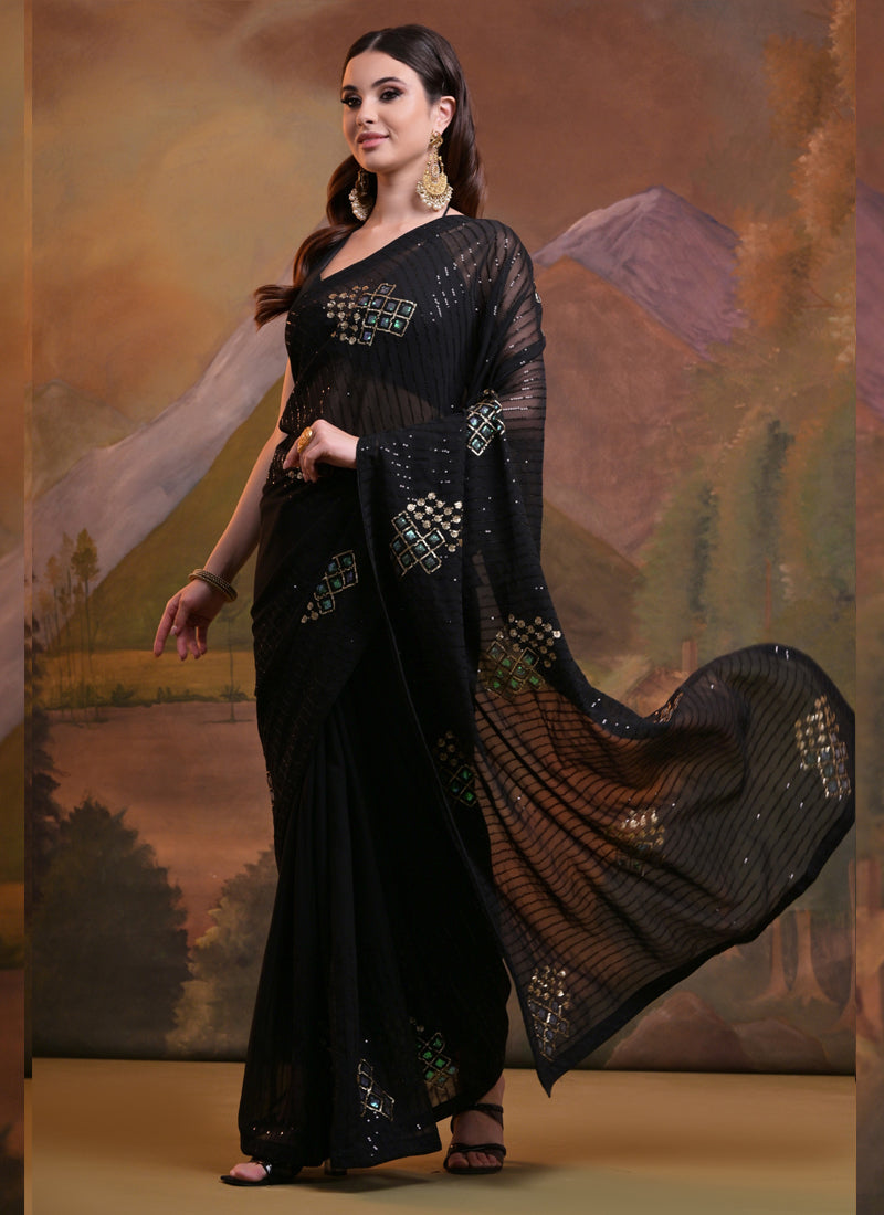 Vegaa Fashion Black Soft Georgette Sequence Work Saree