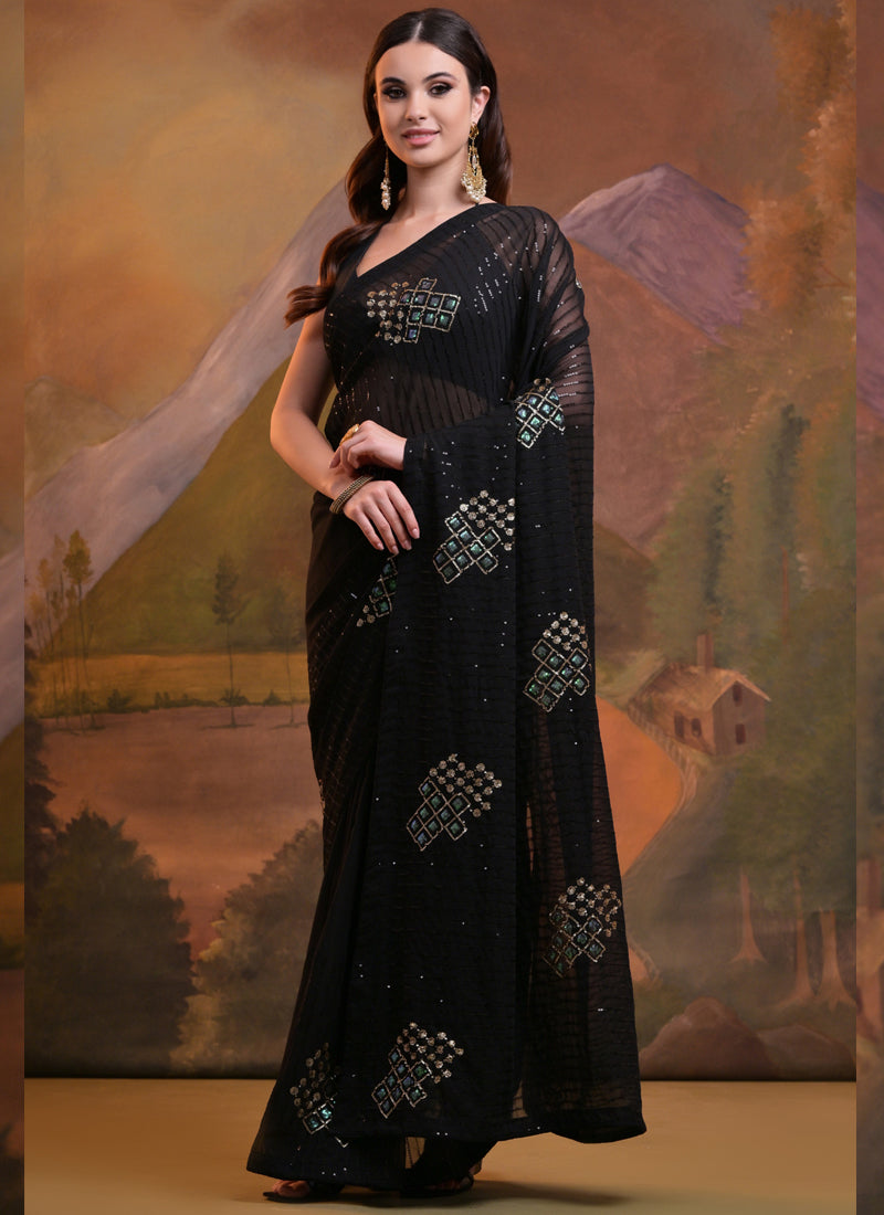 Vegaa Fashion Black Soft Georgette Sequence Work Saree